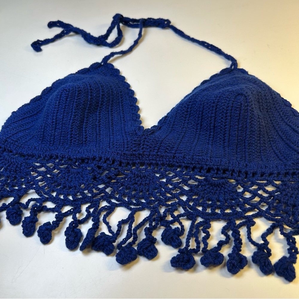 Women’s Navy Blue Crochet Knit Halter Festival Bikini Top, Fringe Detail. Size S